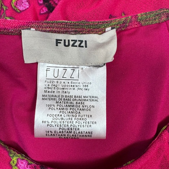 FUZZI Y2K Bodycon M Dark Pink Floral Sheer Sleeve Midi Dress Italy Made Designer - Picture 4 of 15